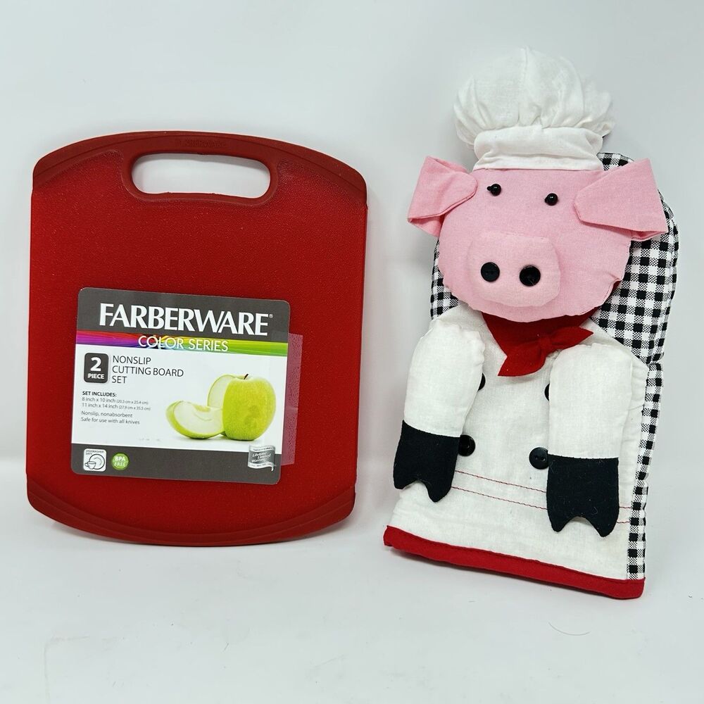Whimsical Pig Chef Novelty Oven Mitt & Farberware Nonslip Red Cutting Board Lot